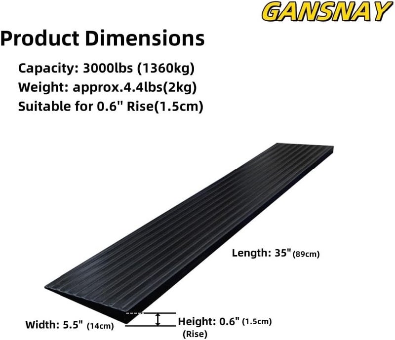 GANSNAY 0.6" Rise Threshold Ramps for Doorways, Driveways, Heavy Duty Solid Rubber 3000lbs Capacity, Non-Slip & Cuttable Handicap Ramp for Wheelchairs, Scooters, Strollers, Curbs- 0.6″Rise (35″×5.5″) - Image 2